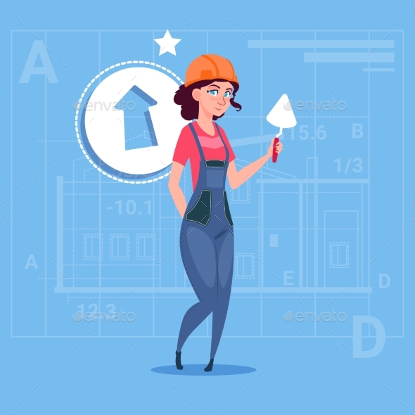 Cartoon Female Builder Wearing Uniform and Helmet - People Characters