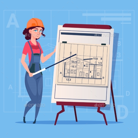 Cartoon Female Builder Explain Plan of Building - People Characters