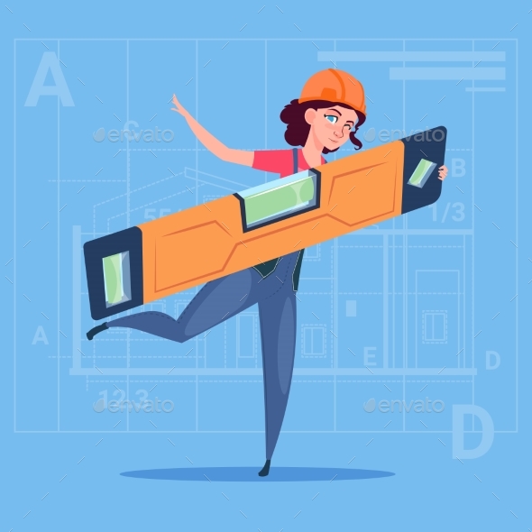 Cartoon Woman Builder Holding Carpenter Level - People Characters