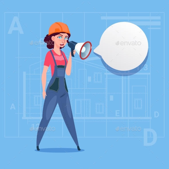 Cartoon Female Builder Holding Megaphone Making - People Characters