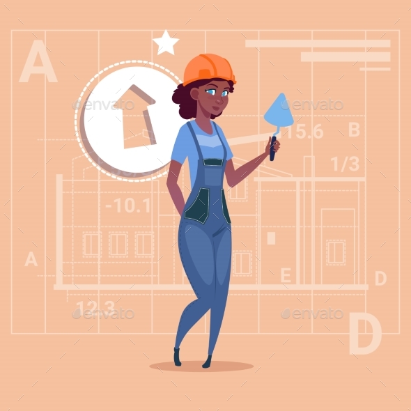 Cartoon Female Builder African American Wearing - People Characters