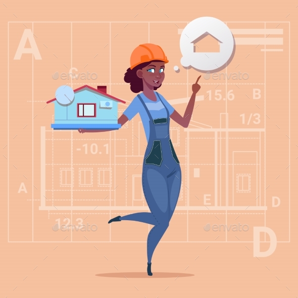Cartoon Female Builder Holding Small House Ready - People Characters