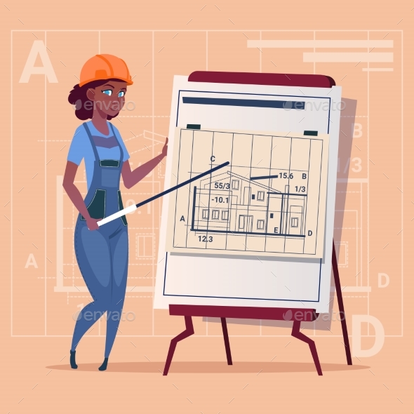 Cartoon Woman Builder Explain Plan Of Building - People Characters