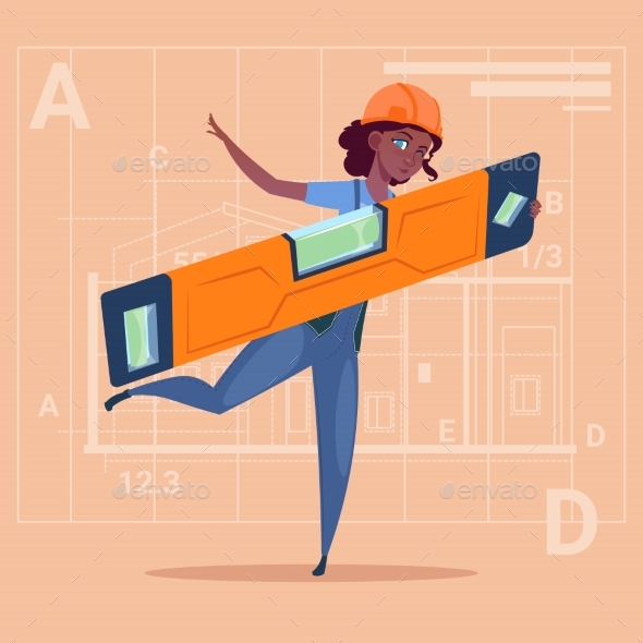 Cartoon Woman Builder Holding Carpenter Level - People Characters