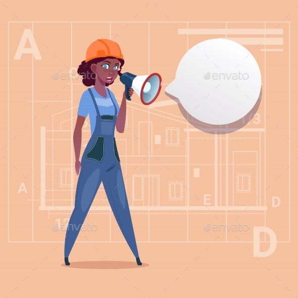 Cartoon Female Builder Holding Megaphone Making - People Characters