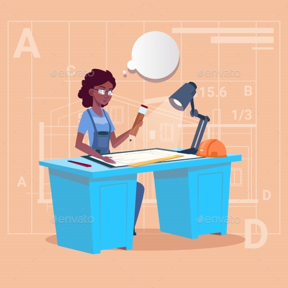 Cartoon African American Builder Sitting At Desk - People Characters