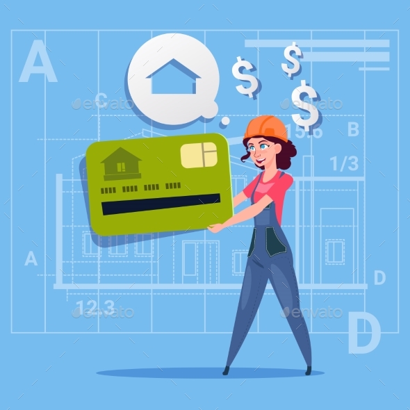 Cartoon Woman Builder Hold Credit Card Sell House - People Characters