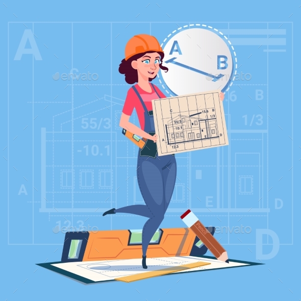 Cartoon Builder Woman Hold Plan Of Building - People Characters