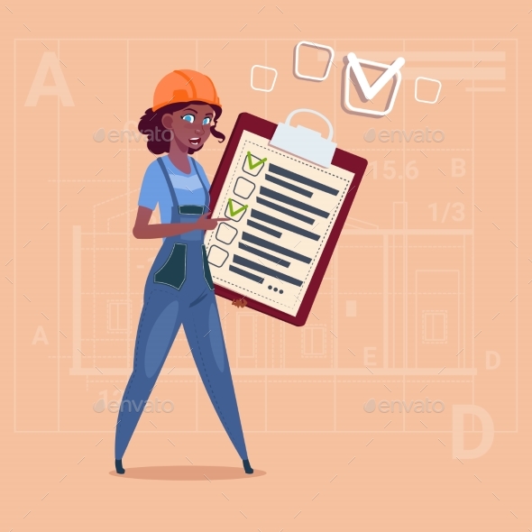 Cartoon Female Builder Carpenter Hold Checklist - People Characters