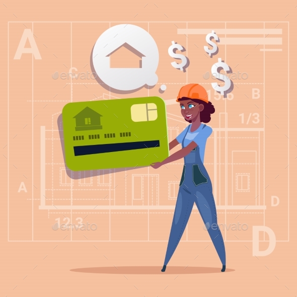 Cartoon Woman Builder Holds Credit Card and Sells House - People Characters
