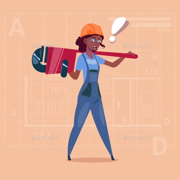 Cartoon Female Builder Wearing Uniform and Helmet - People Characters