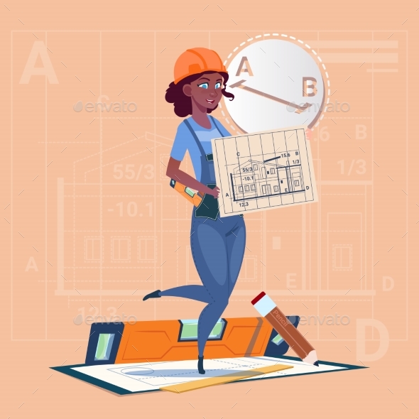 Cartoon Builder Woman Hold Plan of Building - People Characters