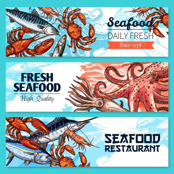  Seafood Restaurant Banners Vector Sketch Set by seamartini 