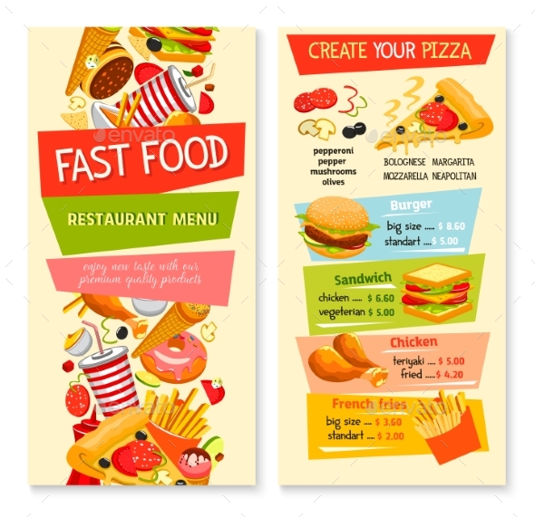 Fast Food Vector Flat Menu Design for Restaurant - Food Objects