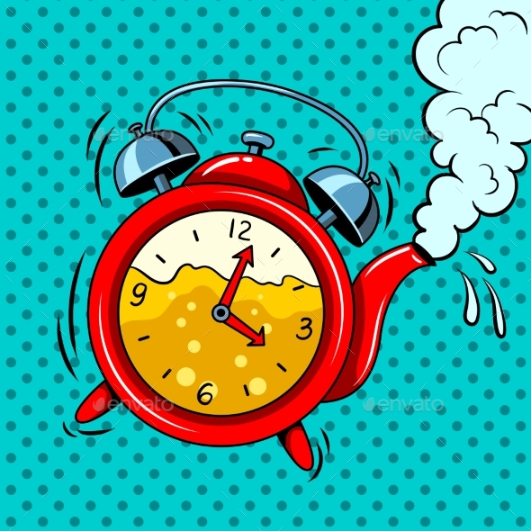 Alarm Clock in Teapot with Tea Pop Art Vector