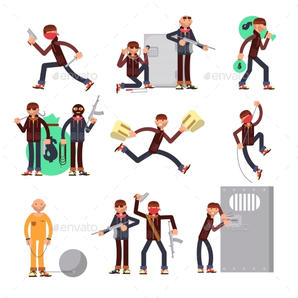 Criminal Offender in Different Actions Vector Set - People Characters