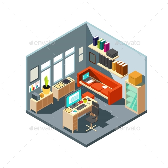 Isometric Home Office Interior - Man-made Objects Objects