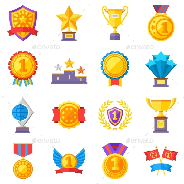 Trophy Medals and Winning Ribbon Success Icons - Man-made Objects Objects