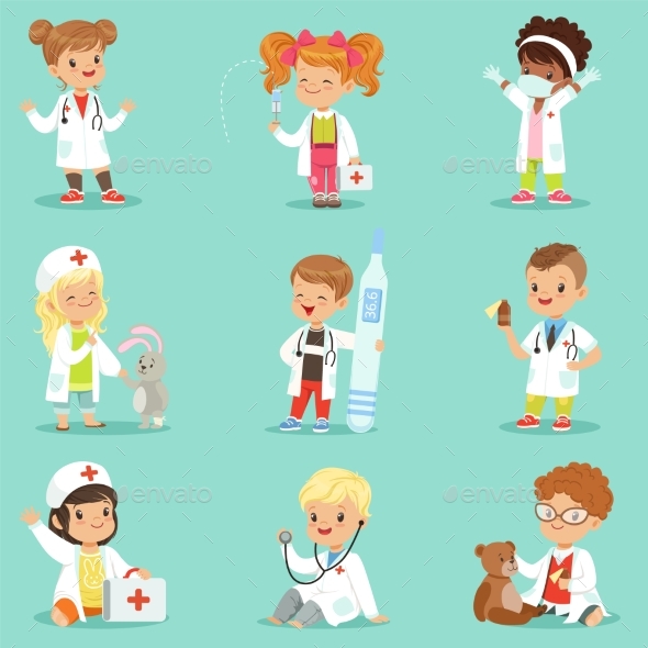 Kids Playing Doctor Set. - People Characters
