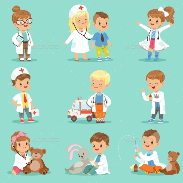 Kids Playing Doctor Set. - People Characters