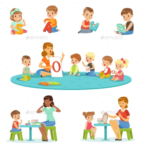 Smiling Little Boys and Girls Sitting on the Floor - Miscellaneous Vectors