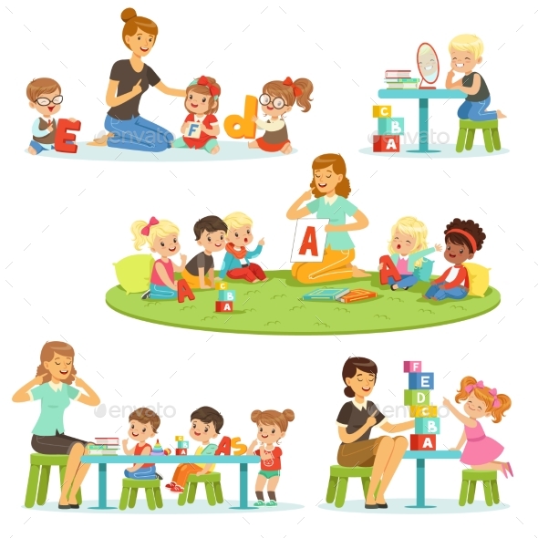 Teacher Explaining Alphabet To Children - Miscellaneous Vectors