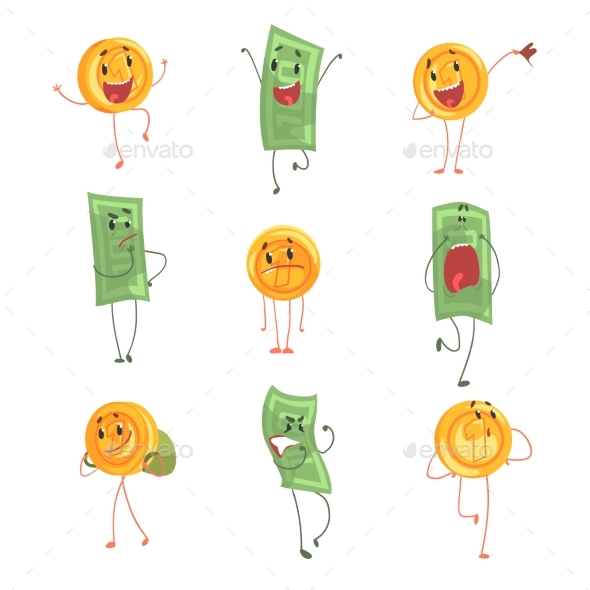 Humanized Banknotes and Coins Showing - Business Conceptual