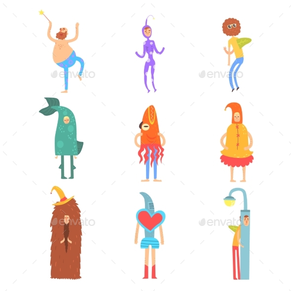 Set of People in Funny Costumes, Man Characters - People Characters