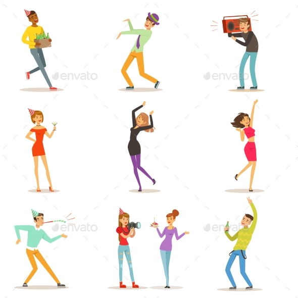 Happy People Characters Celebrating, Dancing - People Characters