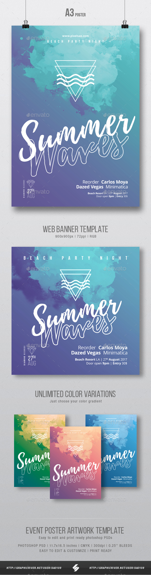 Summer Waves - Party Flyer / Poster Artwork Template A3 - Clubs & Parties Events