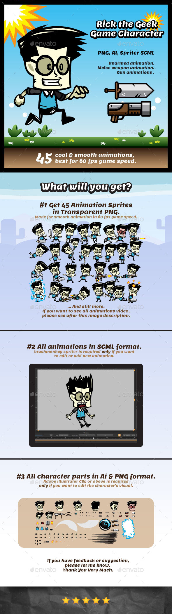 Rick The Geek Game Character Sprites - Sprites Game Assets