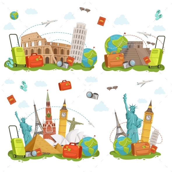 Travel Icons and Different Landmarks - Travel Conceptual
