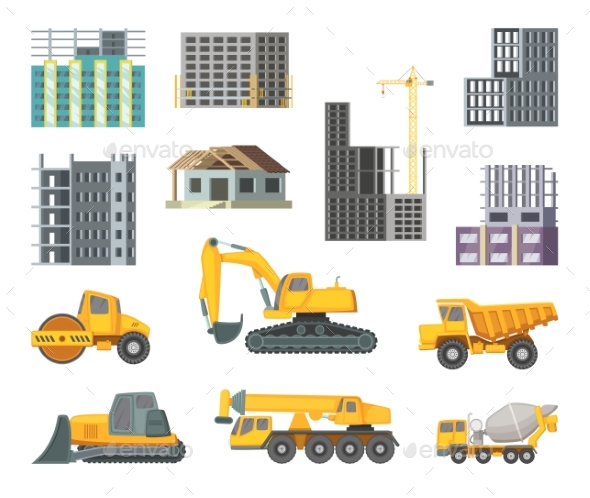 Yellow Machines and Modern Buildings - Man-made Objects Objects