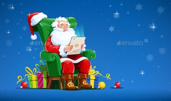 Santa Claus Sits in Armchair with Tablet - Christmas Seasons/Holidays