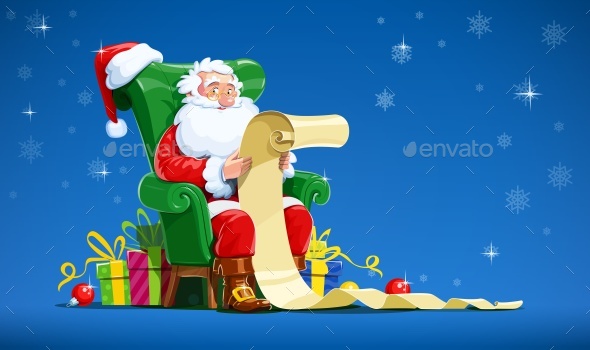 Santa Claus Sits in Armchair and Reads List - Christmas Seasons/Holidays