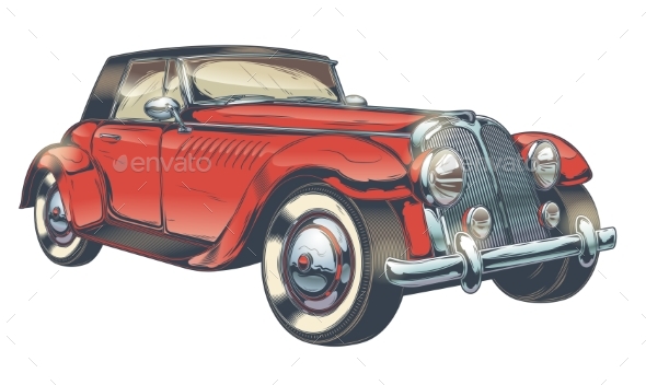 Vector Vintage Illustration of Red Retro Car