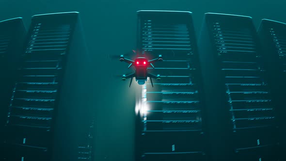 Loopable animation with working drone scanning servers in a dark hall Render 4K alt