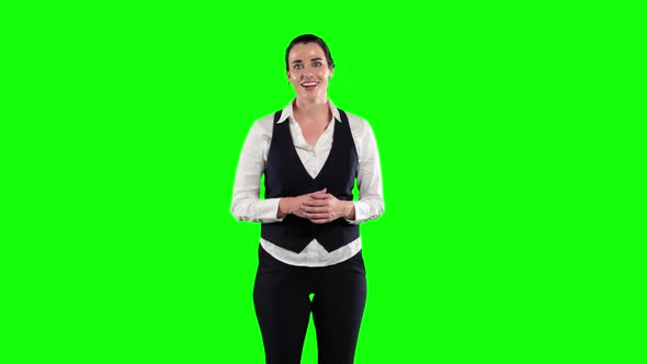 Animation of a Caucasian woman in suit talking in a green background alt