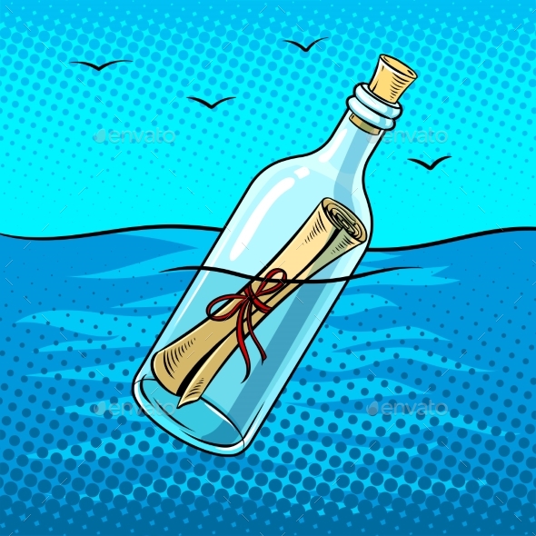 Message in Bottle Pop Art Vector Illustration