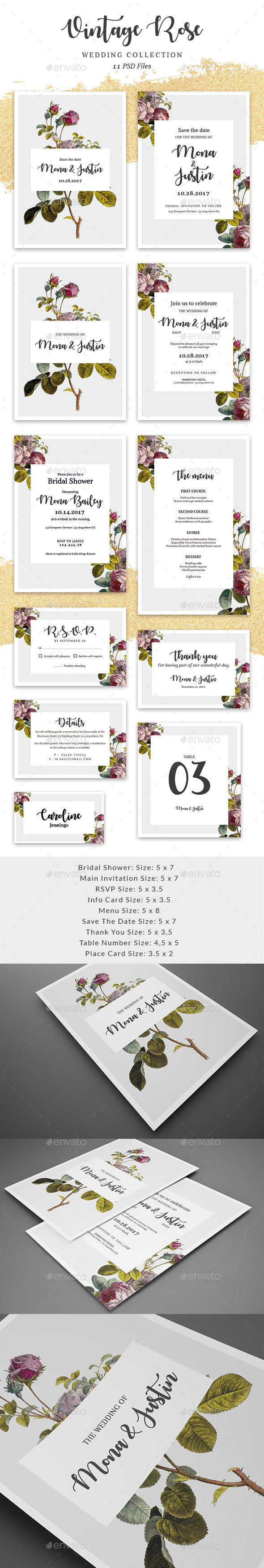 Vintage Rose - Wedding collection - Cards & Invites Print Templates