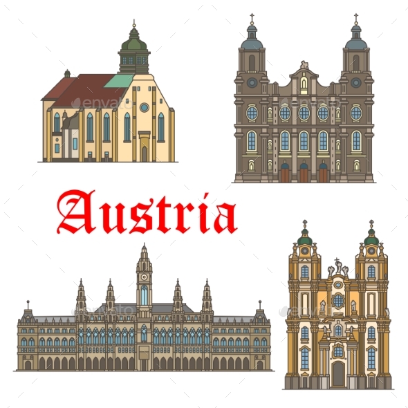 Architecture Landmarks of Austria Vector Icons - Buildings Objects