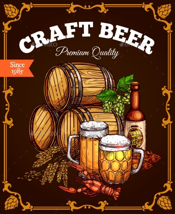 Craft Beer Pub Bar Vector Retro Poster - Food Objects