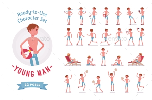 Ready-to-Use Young Man in Swimwear Character Set - People Characters