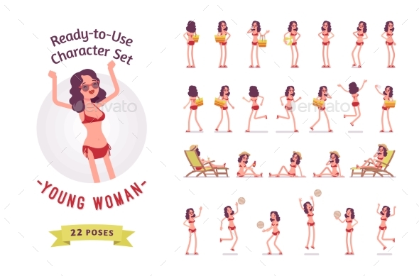 Ready-to-Use Young Woman in Swimwear Character Set - People Characters