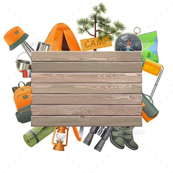 Vector Camping Concept with Wooden Plank - Travel Conceptual