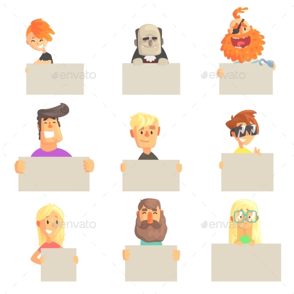 Different People Holding Blank Boards Set - People Characters