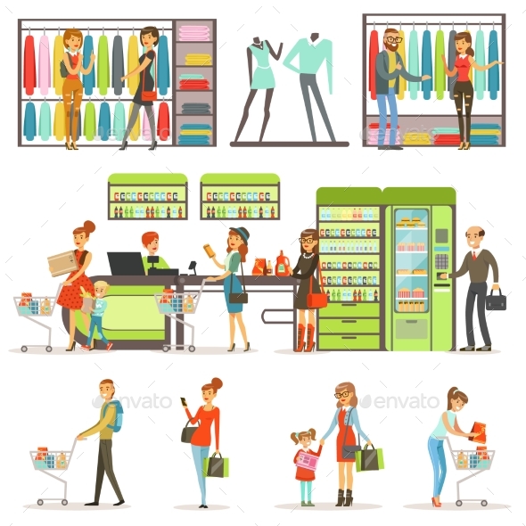 People Buying Grocery Products and Clothes - Man-made Objects Objects