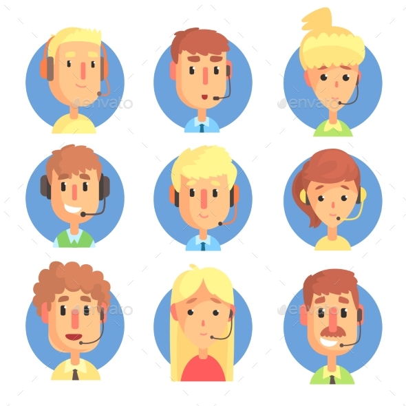 Cartoon Male and Female Call Center Operators - People Characters