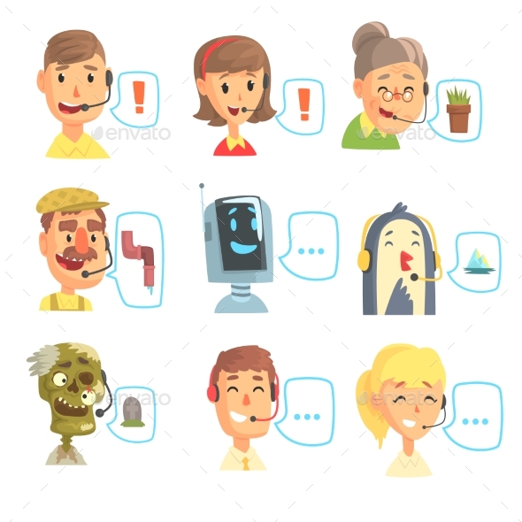 Set of Call Center Operators with Headset - Miscellaneous Vectors