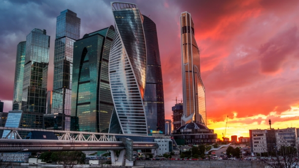 Skyscrapers of Moscow Business Center City at Beautiful Sunset. .